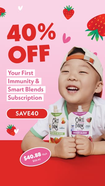 This ad promotes Once Upon a Farm organic food blends for babies and toddlers. It advertises 40% off the first subscript