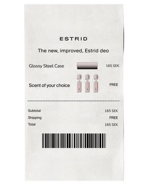 This ad simulates a store receipt, showing a discount on the Estrid deo and offering a free scent of choice.