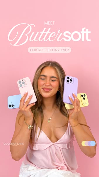 This ad features a woman holding and showing off multiple phone cases, all claiming to be "buttersoft".