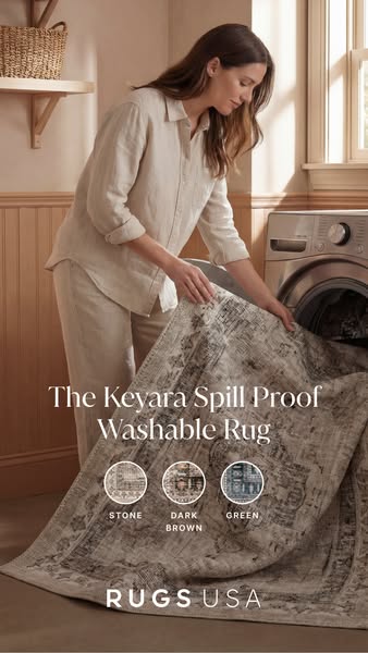 This image ad features the Keyara Spill Proof Washable Rug from Rugs USA. It shows the rug being placed in a washing mac