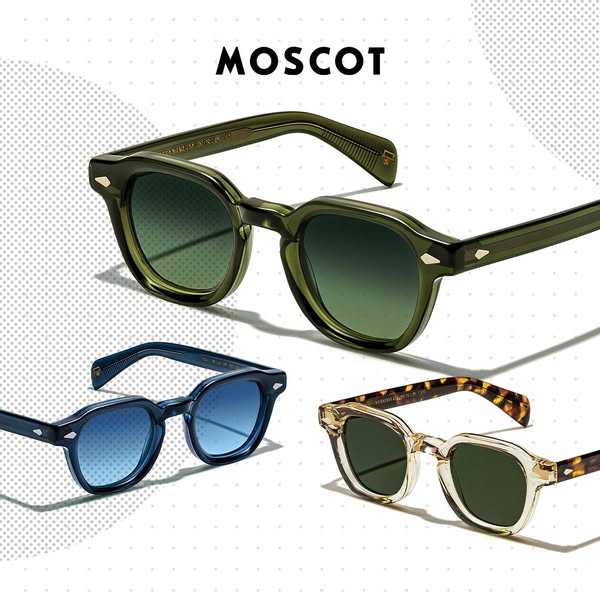 Image ad promoting Moscot eyewear featuring three models in different colors.