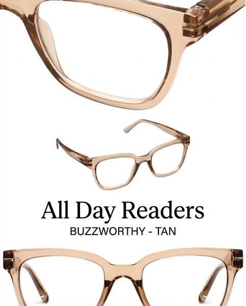 This ad showcases the "Buzzworthy" style of reading glasses from All Day Readers. The glasses are displayed in