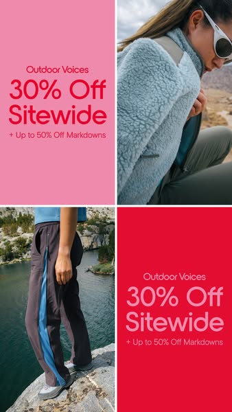 This ad for Outdoor Voices features a split-screen design showcasing the brand's apparel alongside a promotional off