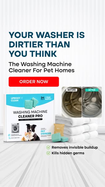 An advertisement for Uproot Clean Washing Machine Cleaner Pro highlights the product's ability to remove invisible b