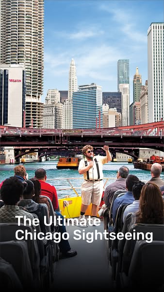 This ad for a Chicago sightseeing tour shows a tour guide talking to a boat full of tourists with the Chicago skyline in