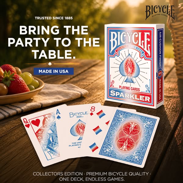 This ad for Bicycle brand playing cards highlights the 'Sparkler' deck. It focuses on bringing a sense of fun an