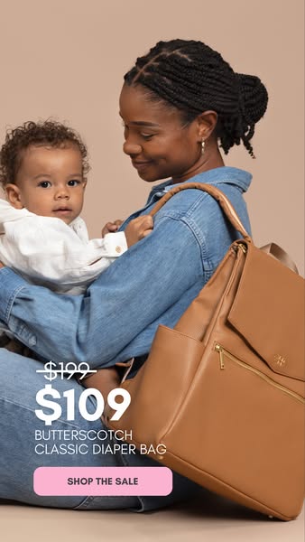 This ad showcases a woman holding a baby, with a diaper bag slung over her shoulder, along with sale messaging to encour