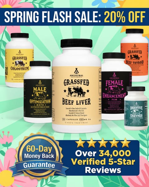 Image ad for Ancestral Supplements promoting a spring flash sale of 20% off. The ad features six different Ancestral Sup