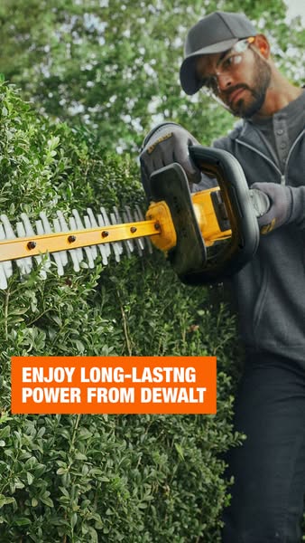 This image ad shows an eye-level, medium shot of a man using a DeWalt hedge trimmer to trim a bush. The ad focuses on a 