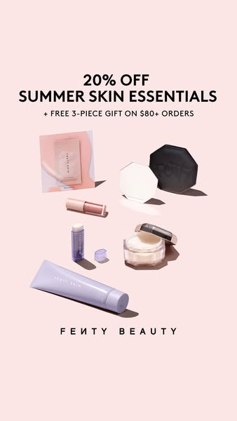 This ad features a range of Fenty Beauty products against a pink background, highlighting a summer skin essentials promo