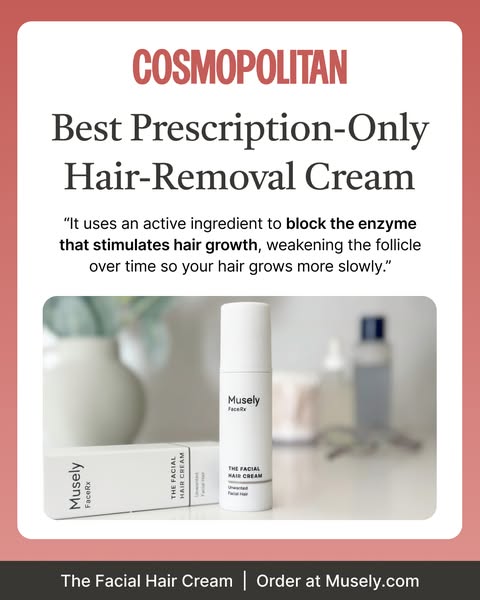 This ad is for Musely's FaceRx The Facial Hair Cream, and it presents an endorsement from Cosmopolitan magazine call