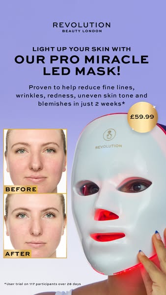 This image ad showcases the Revolution Pro Miracle LED Mask and its ability to reduce fine lines, wrinkles, redness, une
