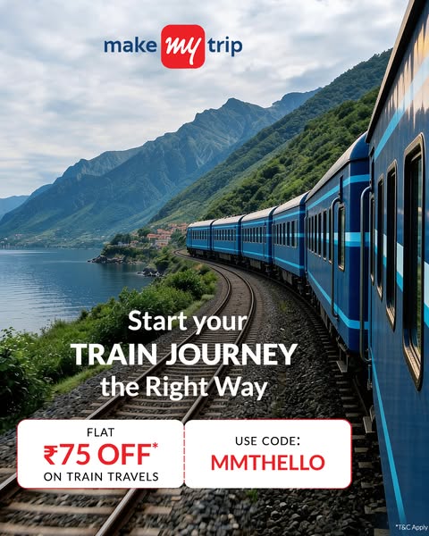 This ad by Makemytrip promotes train travel bookings through its platform. It showcases a scenic view from a train, coup