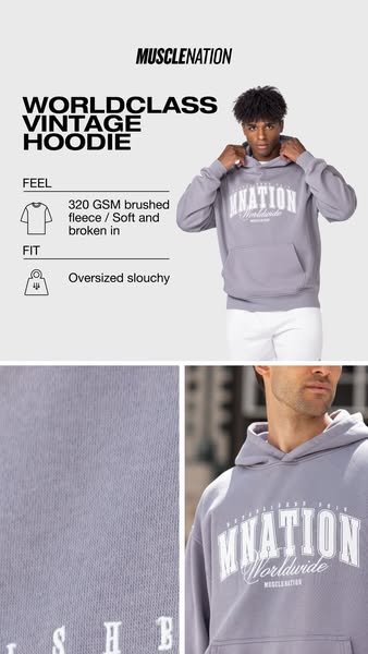 This ad highlights the comfort and fit of the Muscle Nation Worldclass Vintage Hoodie.