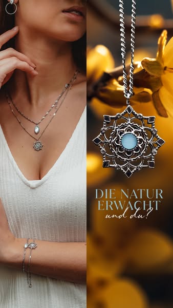 This ad uses a split-screen image to promote jewelry, contrasting a model wearing the jewelry with a close-up of a neckl