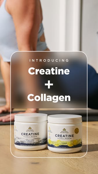 This image ad by Ancient Nutrition introduces its Creatine + Collagen supplement. The ad features a person exercising in