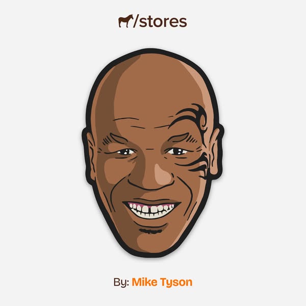 This ad features a cartoon-style illustration of Mike Tyson's face, promoting a brand called "/stores". Th