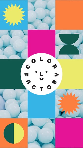 A geometric and brightly colored ad showcasing the Color Factory brand, designed to capture attention.