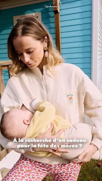 This ad shows a mother breastfeeding her baby, subtly promoting the brand's comfortable and functional apparel. The 