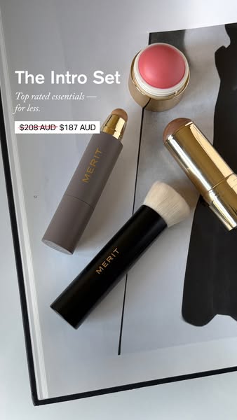 This ad showcases a set of MERIT beauty products, highlighting a discounted price for a limited time.