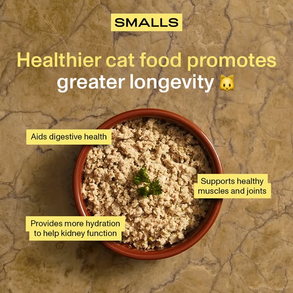 This image ad for Smalls cat food highlights the health benefits of the brand's cat food, including digestive health