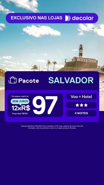 This image ad by Decolar promotes a package deal to Salvador, Brazil. The ad features a picturesque beach scene with a t