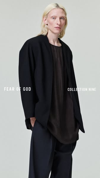 This ad showcases an outfit from the brand Fear of God's Collection Nine. The image features a person wearing a blac