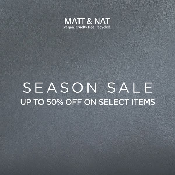 This static image ad for Matt & Nat promotes a seasonal sale with up to 50% off on select items.