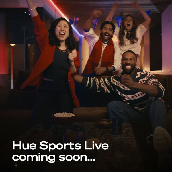 This image ad promotes Philips Hue's new sports integration, "Hue Sports Live." A group of diverse friends