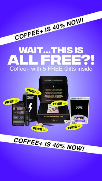 An image ad for Everyday Dose Coffee+ shows the product box with 5 free gifts inside. There is a headline that reads, &q