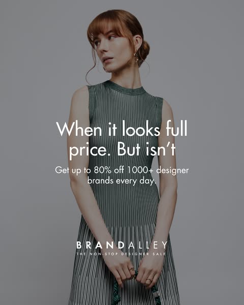 This ad showcases a woman wearing a stylish dress with a message that highlights the availability of designer brands at 