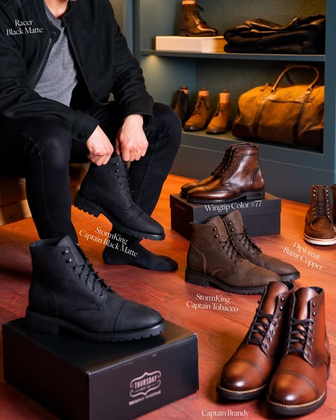 This image ad features a variety of leather boots from Thursday Boot Company. Different boot styles and colors are arran