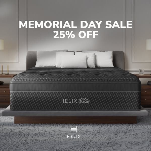 This image ad promotes Helix Elite mattresses with a 25% off Memorial Day sale.