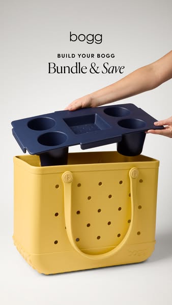 This ad showcases a Bogg Bag and a Bogg accessory, a blue insert with cup holders and a square compartment. The ad highl