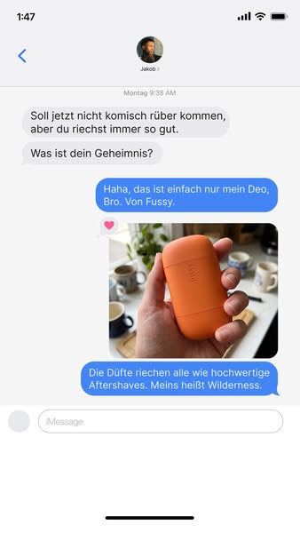 This ad showcases an iMessage conversation where someone compliments another on smelling good, and they respond by sayin