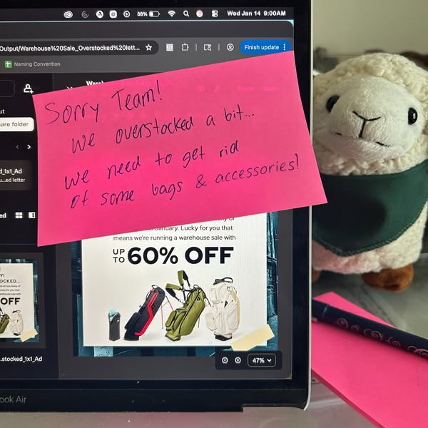 This ad uses an 'overstock' announcement to drive interest in a warehouse sale featuring golf bags and accessori