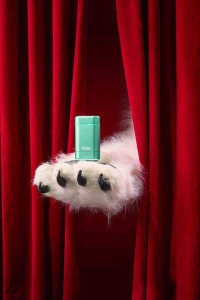 This ad features a single Wild deodorant product being held by a furry animal paw in front of a red curtain.