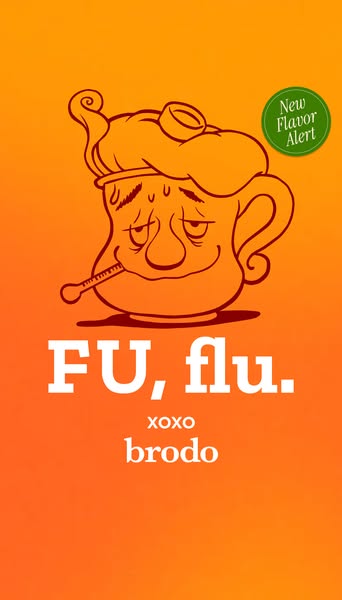 This ad uses an illustration of a sick mug to advertise a new flavor of Brodo bone broth to help people who are feeling 