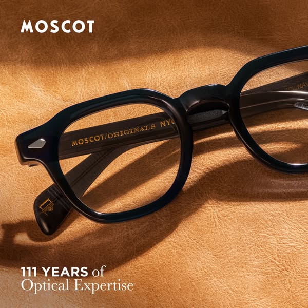 This image ad from Moscot highlights their 111 years of optical expertise by showcasing a pair of their glasses resting 