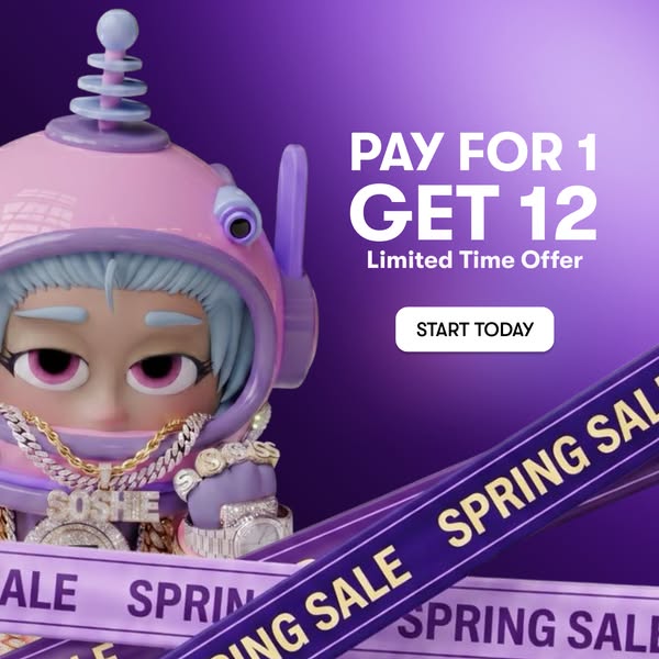 The ad features a cartoon astronaut character with text promoting a spring sale and an offer of "Pay for 1 Get 12&q
