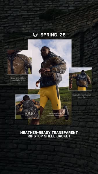 This image ad showcases the Weather-Ready Transparent Ripstop Shell Jacket from ASRV, highlighting its features through 