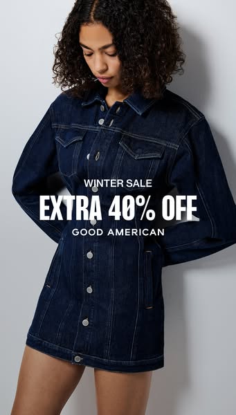 This ad promotes Good American clothing, specifically a denim dress, with a 40% off sale.