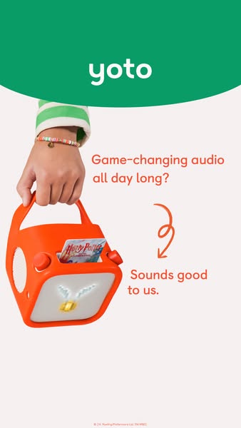 This image ad for Yoto shows a child's hand holding the product, an orange cube-shaped audio player, and emphasizes 