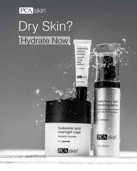 This ad from PCA Skin uses product-focused imagery to highlight three products that hydrate skin: the Hyaluronic Acid Li