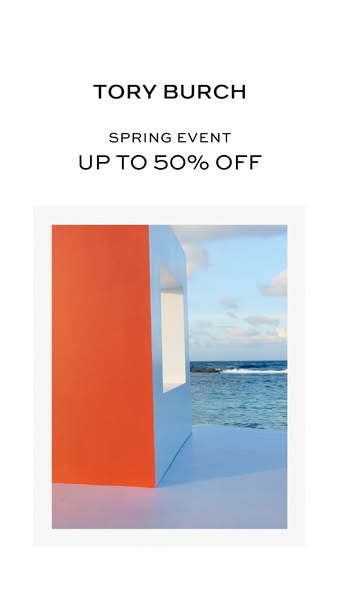 This ad promotes Tory Burch's spring event, offering up to 50% off. The visual style is clean and minimalist, featur