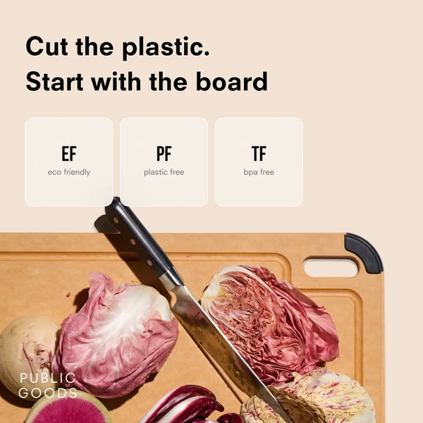This image ad for Public Goods promotes their cutting board as an eco-friendly alternative to plastic. The ad emphasizes