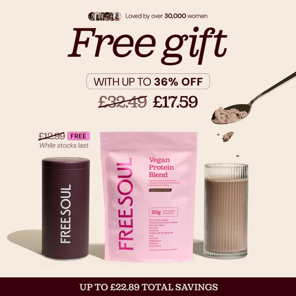 This ad showcases Free Soul products, including the Vegan Protein Blend and a container of what appears to be another pr