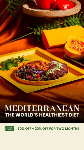 This ad promotes Green Chef's Mediterranean meal plan, highlighting its health benefits and offering a discount for 
