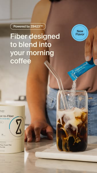 An ad for Sugar-to-Fiber shows the product being poured into a glass of coffee. The ad promotes the 'new flavor'