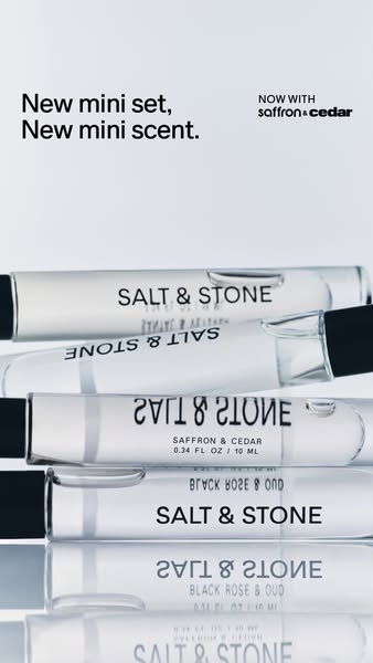 This ad promotes a new mini set of Salt & Stone fragrances, highlighting the addition of a saffron & cedar scent